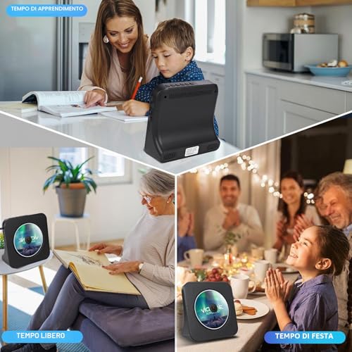 Lettore CD Bluetooth con design da scrivania, Lettore CD Radio portatile con doppie casse e timer, Supporta ingresso AUX/USB, Trasmissione Bluetooth, Album musicali in multipli formati