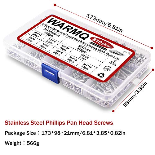 M4 Pan Head Phillips Screws 304 Stainless Steel Bolts Nuts Washers 810 Pcs Machine Screws Assortment Kit