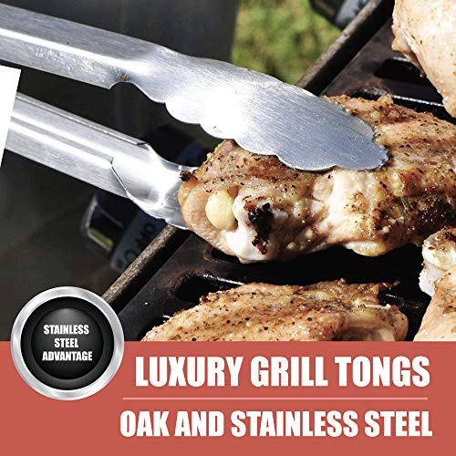 GRILLHOGS Barbecue Grill Tongs | 12 & 16 Inch 2-Pack | Best Metal Kitchen Tongs for Cooking and Grill Accessories | Stainless Steel + Oak Wood BBQ Tongs