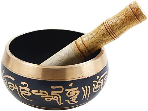 Hand Painted Metal Tibetan Singing Bowl Set Large 5" Inside Buddha Musical Instrument for with Wooden Stick Mallet - For Meditation Yoga and Healing Om Mani Padme Hum Peace