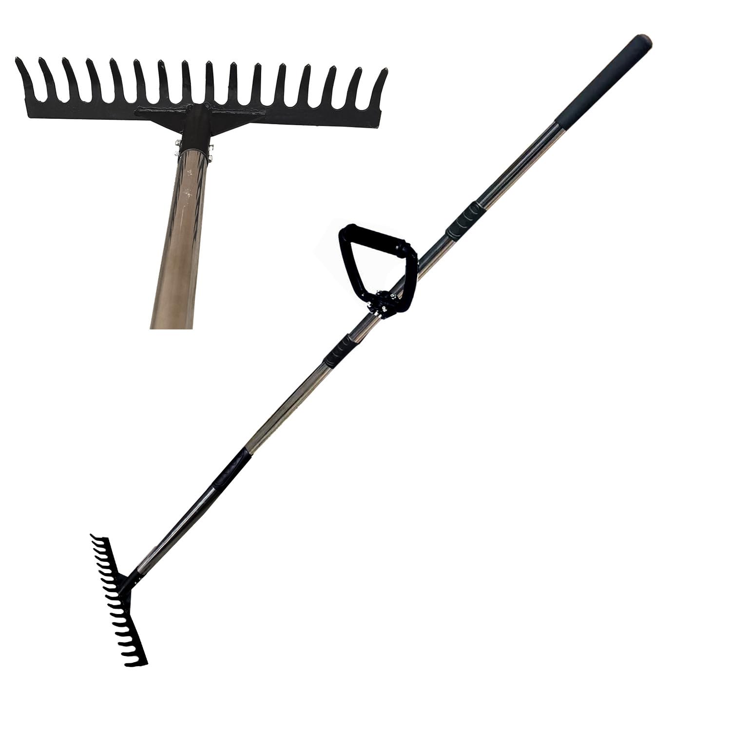 Photo 1 of 15.7" Metal Carbon Rake Heavy Duty with 16 Tines Garden rake Bow rakes 5.4FT Garden rakes for Loosening Soil Leveling Mulch Gathering Leaf