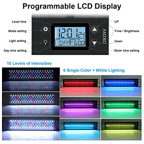 AMZBD Aquarium Lights, LED Aquariums Lights with Full Spectrum Adjustable 7 Colors,Programmable,Waterproof,Timer&DIY Mode for Freshwater Fish Tank or Plants Tank,Extendable Brackets (12-18 inch)