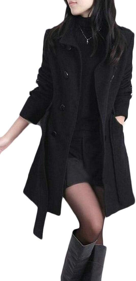 KLJR Women Slim Fit Plus Size Overcoat Double Breasted Belted Longline Pea Coat Black US XL