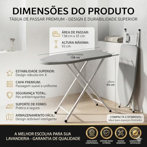 Mesa de Passar Roupa Suprema Dobrável com Porta-Ferro, Altura Ajustável e Estrutura Reforçada, Tábua de Passar Roupa Extra Grande Preto/Chumbo Metalizado Suprema Extra