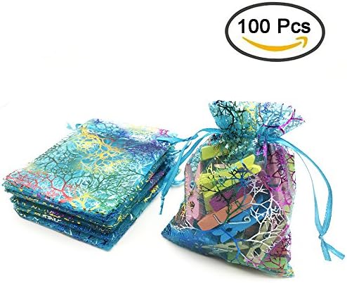 100 Packs Coralline Pattern Organza Gift Bags Party Wedding Favor Bags Jewelry Pouches/Drawstring Bags 3.5" X 4.7"（Blue）