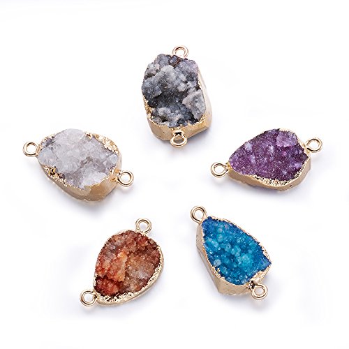 Fashewelry 5 pcs Mixed Gold Plated Natural Flat Round Druzy Agate Links Jewelry Connector for Jewelry Making Beads (Oval Style)