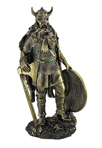 Viking Warrior with Axe and Shield Statue Brass Finish 12.5 In.
