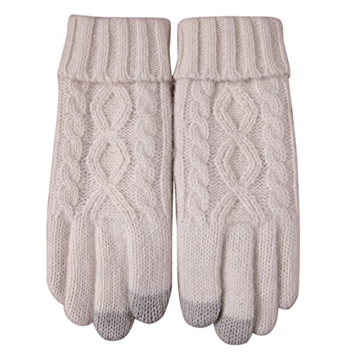 ELMA Women's Wool Knitted Winter Gloves Mittens Super Warm Lined Texting Touchscreen (One size, White)