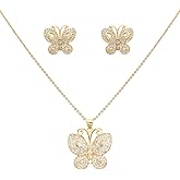 Lavencious Elegant Butterfly Pendant Necklace and Earrings Set Cubic Zirconia Adjustable Statement Ring in Gold and Silver Tones for Women
