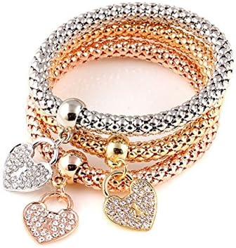 MFV Tri-Tone Popcorn Style Charmed Bangle Bracelet Women Fashion Jewelry - Heart