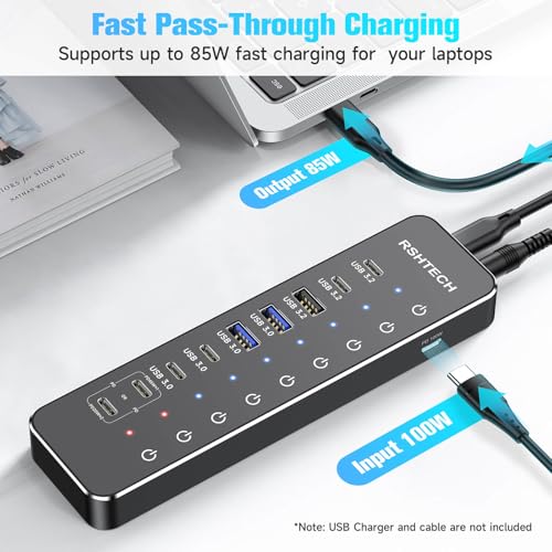 RSHTECH USB Powered Hub, 10 Ports USB C Hub That 3 Ports USB 3.2 to 10Gbps (2C+1A), 4 USB 3.0 Ports to 5Gbps (2C+2A), 2 Fast Charge USB-C Ports to 45W, PD 100W, Adapter 66W, RSH-ST10P