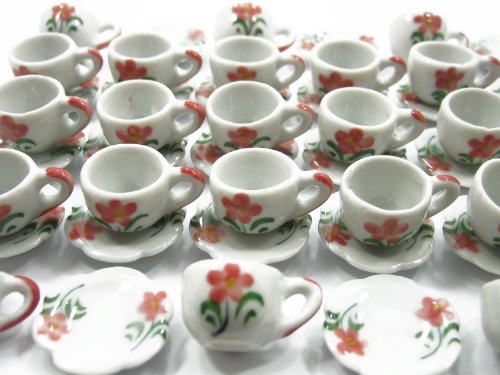 Dolls House Miniature Ceramic 24/48 Flower Tea Cup Saucer Scallop Plate #M 3898