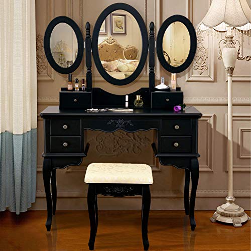 Vanity Makeup Table Set Tri-Folding Mirror Dressing Table with Padded Stool and 6 Drawers, Bedroom Vanity Table Writing Desk with Removable for Girls Women,Black