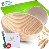 9 Inch Banneton Proofing Basket | Professional Bakers and Home Use | Create Traditional Bread with this Artisan Baking Tool | Get - Lame, Dough Scraper, Linen Liner Cloth - Premium Silicone Baking Mat