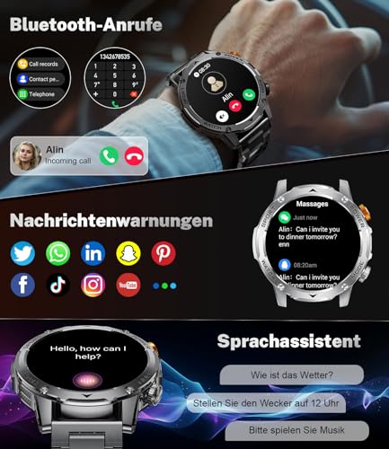 Smartwatch Men's Military 1000 mAh Battery/1.75 Inch HD Large Display, Smartwatch with Torch/Bluetooth Calls/130+ Sports Modes, IP68 Waterproof Fitness Watch with Heart Rate/Sleep Monitor, for Android iOS