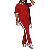 PINSV 2 Piece Sets for Women Summer Casual Short Sleeve Top and Flare Pants Lounge Sets