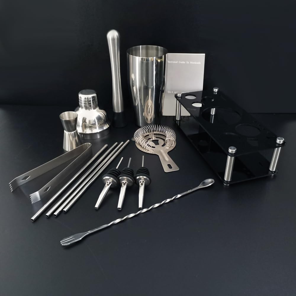 Bartender Kit, 13 Piece Cocktail Shaker Set Stainless Steel Bar Tools with Black Stand, 25 oz Shaker, Jigger, Spoon, Pourers, Muddler, Strainer, Tongs, Recipes - Image 3