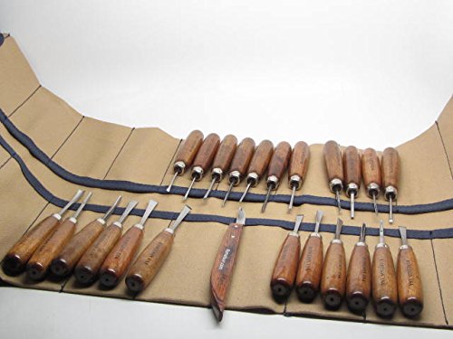 24pc Woodcarving Tools w/25 Pocket Canvas Tool Roll RAMELSON USA