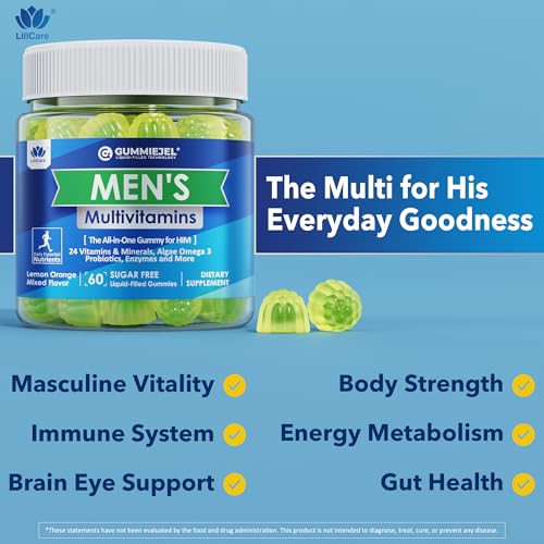 Mens Multivitamins Gummies, Methylated Multivitamin for Men, B Complex, Minerals, Vegan Omega 3, Probiotic, Enzyme, Antioxidants for Men's Complete Daily Support, Sugar Free, Vegan (No Iron) 60 Counts