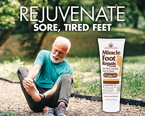 Say goodbye to dry, cracked, itchy feet forever with Miracle of Aloe's Miracle Foot Repair Cream! Its unique paraben-free formula is safe for diabetics and penetrates deep to bring you the relief you need. The cream contains 60 pure UltraAloe aloe vera gel harvested at peak potency from mature aloe vera leaves, making it a powerful moisturizing and skin-nourishing agent that has been used for 4,000 years to deal with foot problems. 