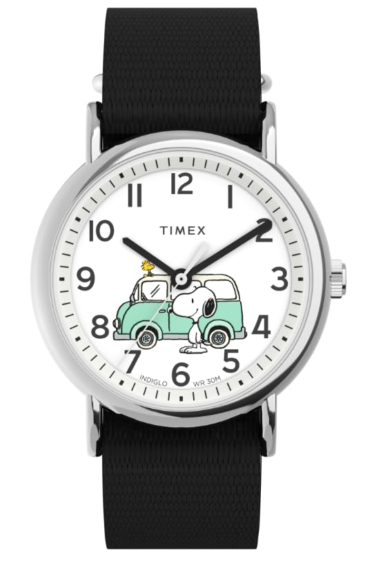 Timex Unisex Peanuts Weekender 38mm Watch – Black Strap White Dial Silver-Tone Case