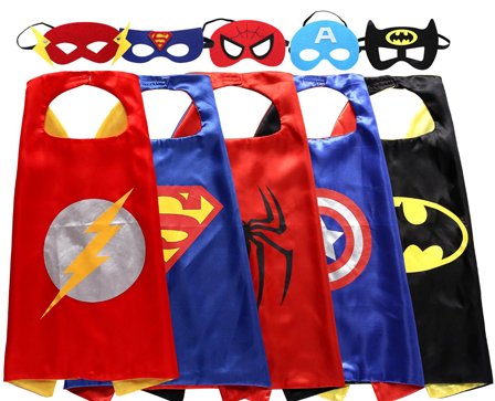 Easy Party Superhero Dress Up Costumes / Party Favors 5 Satin Capes and 5 Felt Masks For Kids and Toddlers