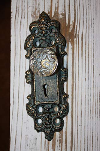Set of 6 Skeleton Keyhole Design Cabinet Pull, Patterned Glass Knob Bronze-Look cast Iron Backplate, Center Space 5 1/4 inch, Back Plate 7 3/8 inches, HW-63
