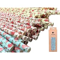 JPACO Jumbo Floral Paper Straws (75 Pack, Pink, Blue, Yellow) Vintage Flower & Rose Designs, Biodegradable Eco Friendly Disposable Party Straws for Party & Events