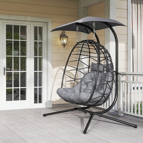 Outsunny Double Hanging Egg Chair with Canopy, Foldable Wicker Egg Swing Chair with Steel Stand, Cushion, Headrest, Indoor Outdoor Hammock Chair, 573lbs Capacity, Black