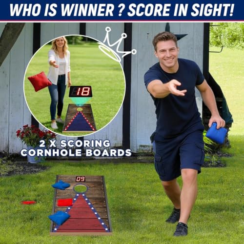 Electronic Cornhole Board Set (2x1ft) - Automatic Scoring Corn Hole Game for Adults - Infrared Sensing Wood Set with 8 Bags & Carry Case for Backyard, Party & Tailgates
