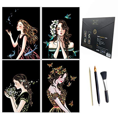 Eraimp Scratch & Sketch Art Paper A4 for Kids & Adults, Scratch Art Rainbow Painting Paper, Night View Scratchboard, Sketch Pads, Engraving Art Set: 4 Scratch Cards, Scratch Drawing Pen, Clean Brush