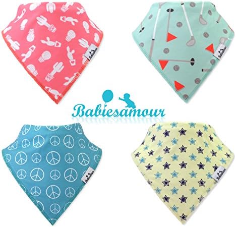 BabiesAmour 4 Pack Bandana Baby Boy and Girl Bibs (Style 15) - Extra Soft and Quickly Dry Burp, Eating and Drool Bib for Newborn, Infant and Toddler - Food Catcher, Teething and Led Weaning Cloths