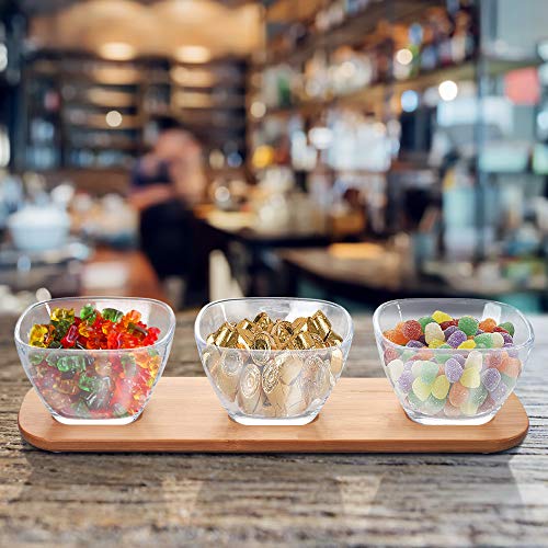 Dipping Bowls & Candy Dish Set - 3 Clear Glass Bowls On Bamboo Tray 6-oz Each | Appetizer Serving Tray Perfect For Dessert, Condiments, Nuts, Dips, And Snacks