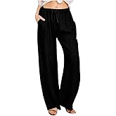 Linen Pants Women Wide Leg Drawstring Flowy Palazzo Pants Elastic Waist Trousers Boho Summer Beach Clothing Cruise Outfits