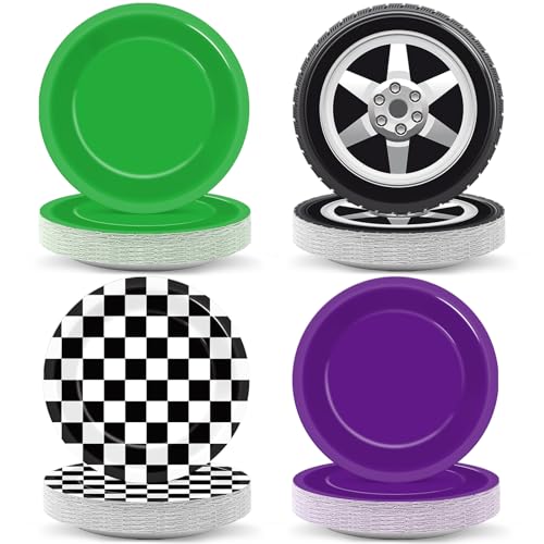 60Pcs Monster Truck Party Paper Plates Green Purple Monster Truck Birthday Party Supplies 7 Inch Black and White Checked Theme Disposable Dinner Dessert Cake Plates for Kids Racing Car Birthday Decor