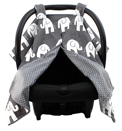 Dear Baby Gear Deluxe Car Seat Canopy, Custom Minky Print White Elephants, Grey and White Polka Dot Minky