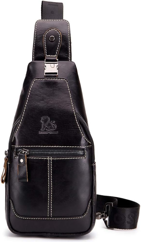 SIDNAZ Men's Genuine Leather Chest Shoulder Bag Vintage Multi Purpose Casual Travel Crossbody Bag UK898 Black