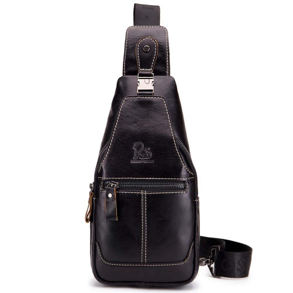 SIDNAZ Men's Genuine Leather Chest Shoulder Bag Vintage Multi Purpose Casual Travel Crossbody Bag UK898 Black