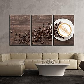 3 Piece Canvas Wall Art - Coffee Cup and Coffee Beans on Wooden Background. Top View. - Modern Home Art Stretched and Framed Ready to Hang - 16"x24"x3 Panels