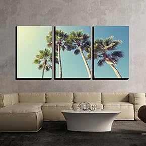 3 Piece Canvas Wall Art - California Palm Trees in Vintage Style. - Modern Home Art Stretched and Framed Ready to Hang - 16"x24"x3 Panels