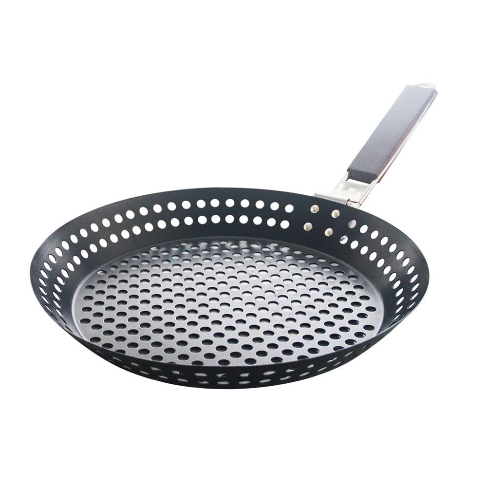 MEETOZ Non-Stick Barbecue Skillet, Folding Wooden Handle BBQ Pan with Holes Grilling Pans Grill Accessories Cooking Tools, 12 Inches