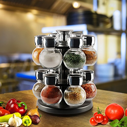 Rotating Herbs and Spices Rack with 12 Pieces 3.5 Ounces Round Glass Airtight Mason Jars - 2 Tiered Revolving Countertop Carousel Seasoning Storage Organizer - Thumbnail 2