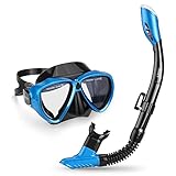 INTEY Snorkel Set with Tempered Glass Diving Mask, Dry Top Snorkel with Purge Valve and Anti-Fog Lens