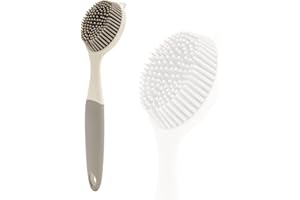 AMORBASE Dish Scrubber, Silicone Soft Bristles Scrub Brush with Scraper Tip, Comfortable Grip Brushes for Kitchen Sink, Pans, Pots, Skillet, Vegetable, Fruit, Potato Cleaning (1, White/Grey)