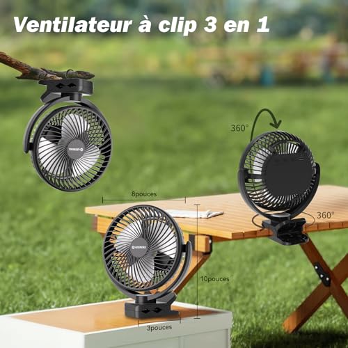Ateroll Desk Fan Clamp 10000 mAh Remote Control, 3 Speed, USB Battery Timer & LED Lights, 360° Rotation Portable Silent Fan Powered Batteries for Car, Camping
