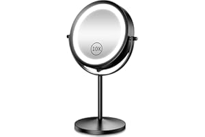 Benbilry Lighted Makeup Mirror, 1x/10x Magnifying Double Sided LED Vanity Mirror with Lights and Magnification, Battery Operated 360° Swivel 7” Cordless Shaving Mirror for Bathroom Bedroom Black