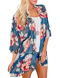 CLACIRE - Kimono para mujer con estampado floral, blusa de gasa suelta