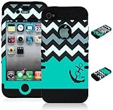 For iPhone 4, 4s, 4G 4th Generation Bastex Heavy Duty Hybrid Case - Black Silicone / Teal & White Chevron Pattern Hard Shell with Anchor & Heart Design