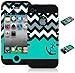 For iPhone 4, 4s, 4G 4th Generation Bastex Heavy Duty Hybrid Case - Black Silicone / Teal & White Chevron Pattern Hard Shell with Anchor & Heart Design