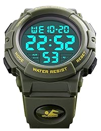 Para hombre Big Face reloj deportivo digital con multifunción 54.7 yardas impermeable Alarma Cronómetro Calendario de retroiluminación 12H   24h, Verde